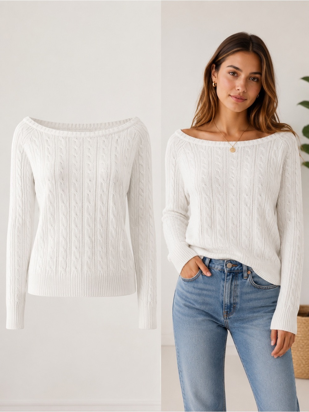 BRANDY MELVILLE | White Cable Knit Boat Neck Sweater | Women’s | OS | Good